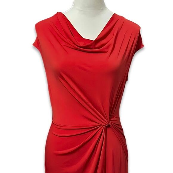 London Times Sheath Dress Stretchable Polyester Cowl Neck Side Twist Red 2 NWOT - Picture 3 of 9